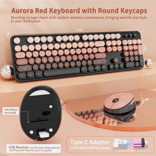 Vista 6 de Combo de teclado y mouse inalámbricos Nowlike, teclado retro de máquina de escribir con teclas redondas, ergonómico de tamaño completo, rojo aurora