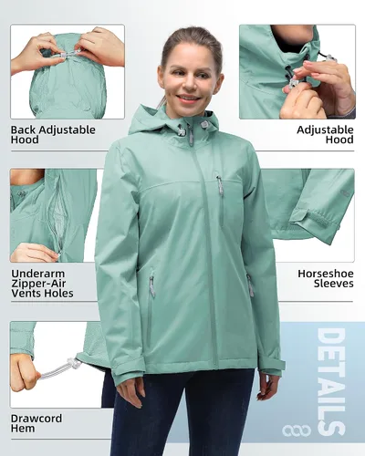 Vista 4 de Chaqueta impermeable plegable para mujer 33,000ft, ligera, impermeable, con capucha, para ciclismo y bicicleta, cortavientos Tono aguamarina
