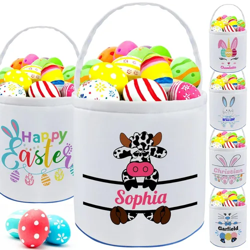 Vista 8 de Cesta de Pascua personalizada con nombre para niñas, niños y niños, cesta de Pascua personalizada bolsas de regalo para caza de huevos de Pascua