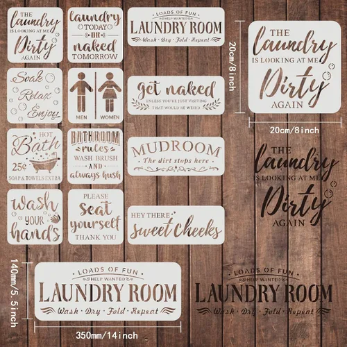 Vista 2 de FINGERINSPIRE 12 plantillas de lavandería de plástico para baño, reglas de dibujo, juegos de pintura, plantillas de palabras para lavandería
