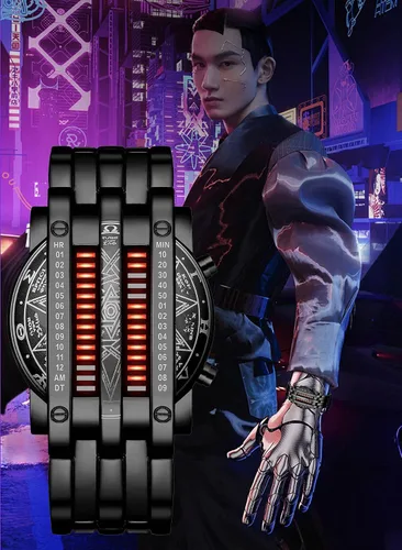 Vista 6 de Reloj de pulsera digital para hombre MASTOP, estilo matriz binaria, LED azul, clásico, creativo, de moda, enchapado en negro