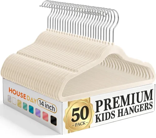 Vista 12 de HOUSE DAY Perchas de terciopelo para bebés de 11 pulgadas, paquete de 50 perchas color beige de primera calidad para niños, ropa de bebés y niños
