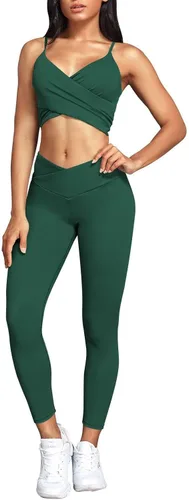 Vista 2 de Fixmatti Conjunto de entrenamiento de 2 piezas para mujer, traje de yoga, tirantes delgados, brasier y leggings de cintura alta a juego