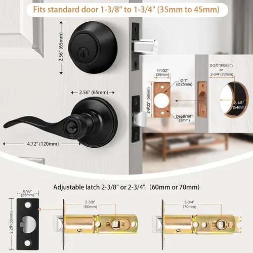 Vista 7 de Probrico Juego de Manija y Cerrojo de Puerta Delantera, Manija de Puerta Exterior Negra con Cerradura de Cerrojo, Juego de Manija de Puerta
