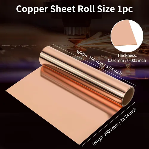 Vista 2 de Rollo de lámina de cobre delgada 99.99% cobre puro para manualidades, lámina de cobre maleable, lámina de cobre suave 0.001x3.94x78.74 pulgadas
