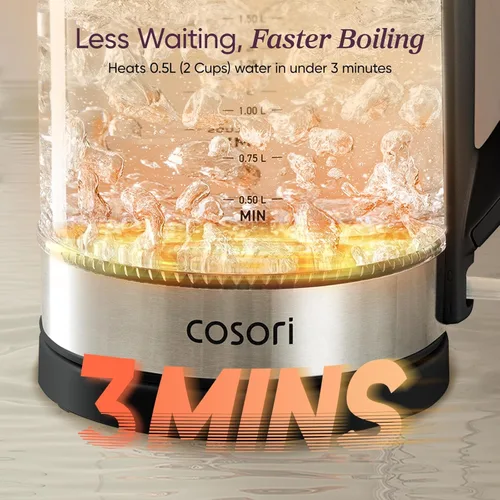 Vista 3 de COSORI - Hervidor eléctrico, sin contacto de plástico con agua, 1.8 qt/1500W, tapa interior y filtro de acero inoxidable, tetera para café y té
