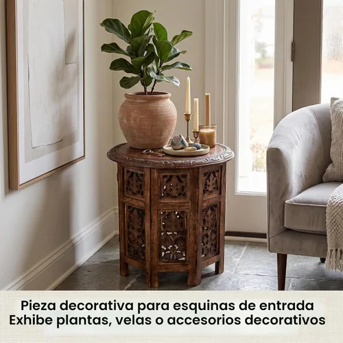 Vista 3 de Goroly Home - Mesa auxiliar octogonal plegable de madera de mango maciza, acento rústico de granja para sala de estar, dormitorio, entrada, espacios