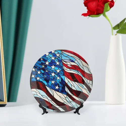 Vista 6 de Platos decorativos con diseño de bandera de Estados Unidos, acuarela, vitrales, decoración del hogar, platos de cerámica, para cocina, mesa auxiliar