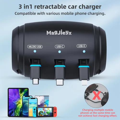 Vista 2 de MAGJIEYX Caja de Estación de Carga Retractable Multi para Coche, 3 en 1, Soporte de Carga Rápida para Reposacabezas, Cable de Carga USB Tipo C
