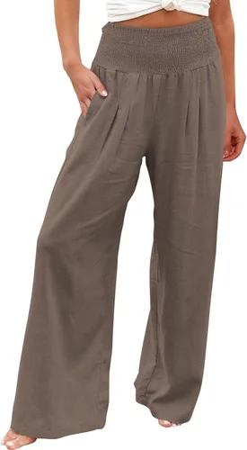 Vista 30 de SHAOBGE Pantalones palazzo de verano para mujer, cintura alta, pierna ancha, casual, cintura elástica, pantalones de playa con bolsillos
