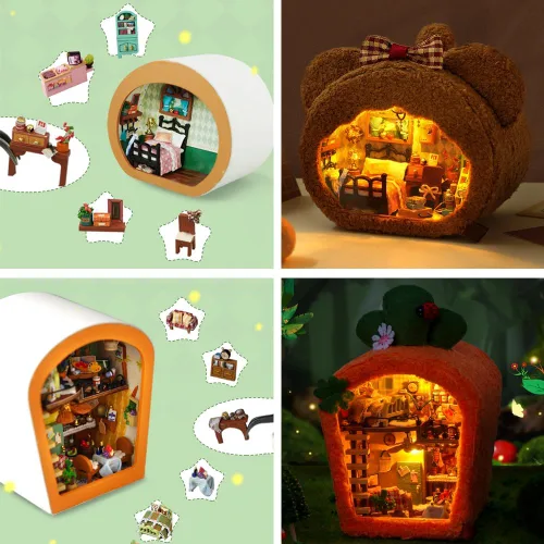 Vista 3 de Casa de muñecas en miniatura DIY con luces LED, cabina moderna creativa hecha a mano, mini modelo de casa, escena de muebles, mini artesanía