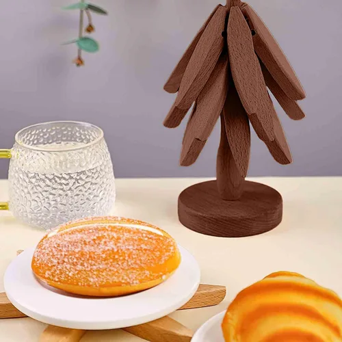 Vista 2 de Juego de Posavasos de Copa de Madera, Juego de Salvamanteles en Forma de Árbol, Posavasos de Árbol - 4 Salvamanteles de Madera + 1 Soporte