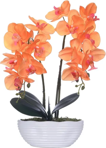 Vista 16 de Planta de orquídea artificial grande en maceta, arreglo floral de seda con jarrón de cerámica, morado oscuro