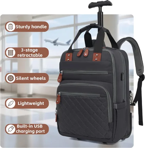 Vista 3 de Mochila con ruedas, mochila de viaje con ruedas, aprobada por vuelo, antirrobo, para laptop de 15.7 pulgadas, con puerto USB para hombres y mujeres