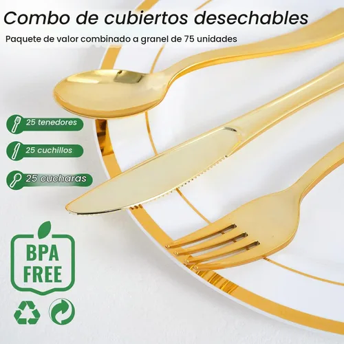 Vista 2 de FOCUSLINE Juego de 75 cubiertos desechables de plástico dorado, 25 tenedores, cuchillos, cucharas, cubiertos desechables, juego de utensilios