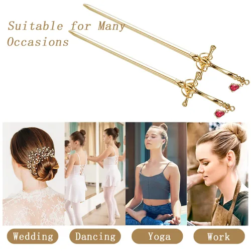 Vista 6 de Paquete de 2 accesorios para el cabello con borla de espada china para mujer, moños con gemas para el cabello (dorado)