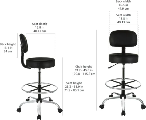 Vista 2 de Amazon Basics Taburete de bar de spa ajustable multiusos con reposapiés resistente, cojín de soporte para la espalda, giratorio de 360° y ruedas