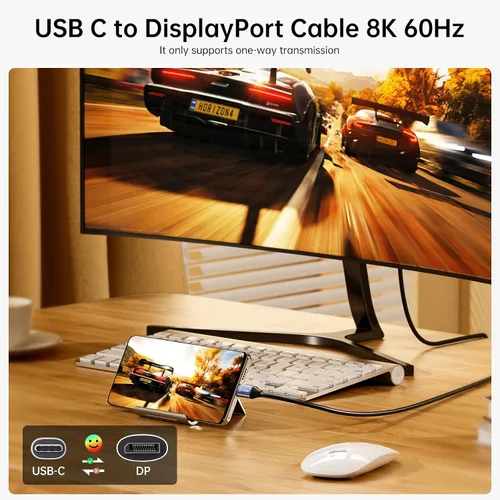 Vista 2 de Cable USB C a DisplayPort 1.4 8K @60Hz 4K @240Hz, Thunderbolt 4/3 unidireccional a DisplayPort, cable USB C a DP de 32.4 Gbps para iPhone 15/16