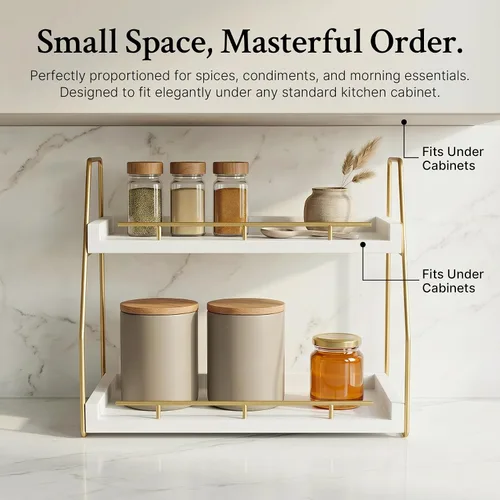 Vista 6 de Mustry Organizador de encimera de baño, organizador de maquillaje de 2 niveles para tocador, estante de madera con marco de metal dorado