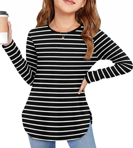 Vista 12 de Arshiner - Camisetas de manga larga para niñas, cuello redondo, dobladillo curvo, abertura lateral, básicas, casuales, de ajuste holgado, tipo