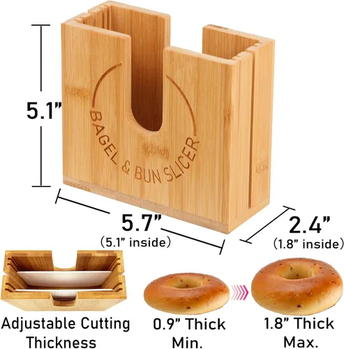 Vista 2 de Soporte de corte de bagel ajustable Soporte de corte de bagel de bambú con ranuras ajustables de ancho para bagels pequeños y grandes, bollos