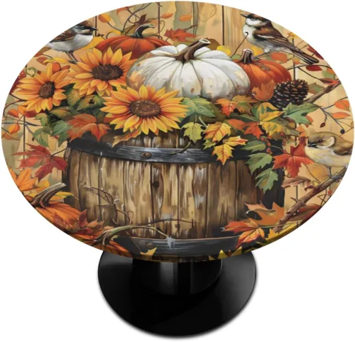 Vista 52 de Mantel redondo ajustado con diseño de calabaza de otoño, hojas de otoño, color amarillo, pequeño con borde elástico, manteles circulares lavables
