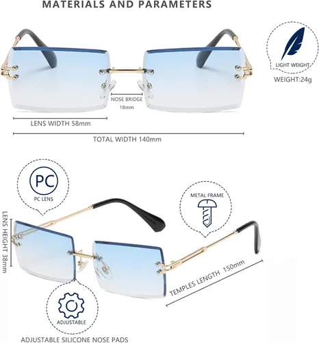 Vista 5 de LASPOR Gafas de sol rectangulares sin montura retro para mujeres y hombres, lentes teñidas de metal dorado, sin marco, gafas cuadradas vintage