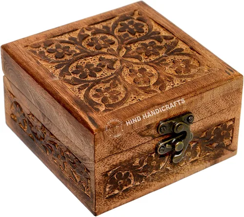 Vista 22 de Urna de madera antigua hecha a mano con grabado del árbol de la vida tallada a mano para mujeres y hombres, joyas Acentos de decoración del hogar