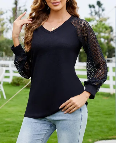 Vista 5 de MINTLIMIT Blusa de manga larga con encaje para mujer, estilo informal, elegante, de verano, holgada, de punto, cuello en V, sin botones Negro