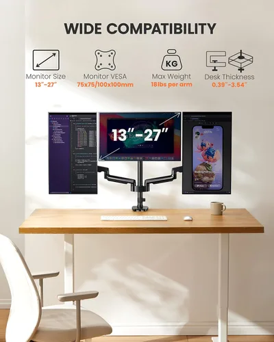 Vista 2 de ErGear Soporte de monitor triple para pantallas de 13 a 27 pulgadas, brazos de monitor triple con USB, soporte de tres monitores resistente