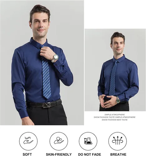 Vista 5 de ATOFY Camisa de vestir de manga larga para hombre, ajuste regular, informal, con botones, color liso