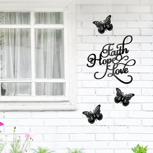 Vista 6 de Moxweyeni 4 piezas de decoración de pared de metal con texto en inglés «Faith Hope Love» («Faith Hope Love») con letras negras inspiradoras, arte