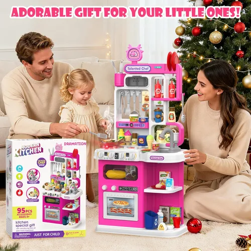 Vista 10 de Juego de cocina para niños, cocina de juego de 36.22 pulgadas para niños pequeños de 1 a 3 años con vapor, sonido y luz, estufa de cocina