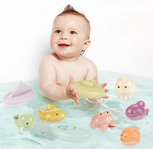 Vista 2 de Juguetes de baño para bebés, paquete de 9 Juguetes de baño sin moho con diseño sellado y sin agujeros Juguetes de bañera suaves, de fácil agarre