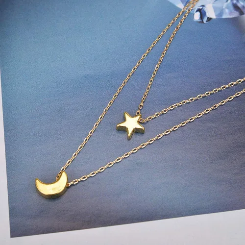 Vista 5 de Simple - Collar de doble capa para mujer, collar con colgante de estrella y luna, gargantilla de cadena de cuello de plata dorada para adolescentes