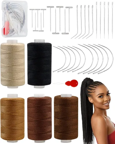 Vista 7 de FIVEIZERO 3 rollos de hilo de extensión de cabello con 30 agujas T/C/J/I utilizando, hilos de tejido de cabello negro, aguja para coser e hilo