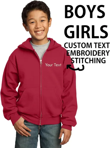 Vista 2 de INK STITCH Sudaderas con capucha de forro polar con cremallera completa y costuras de texto personalizado para jóvenes, varios