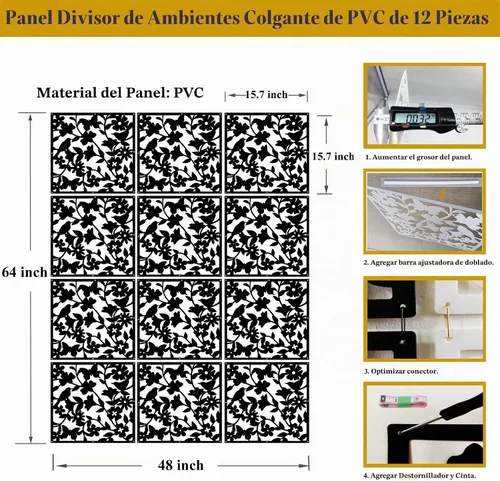 Vista 2 de Lchen - Divisor de habitación colgante, 12 piezas, panel de seguridad de PVC, pájaros, flores, para sala, comedor, estudio, sala de estar