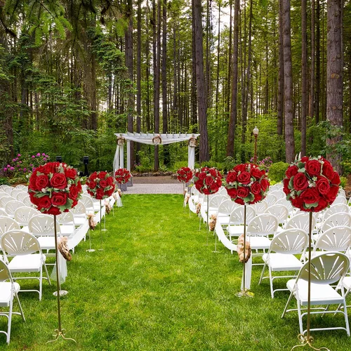 Vista 4 de Bolas de flores para mesas de boda, 6 piezas de flores artificiales rojas de 10.6 pulgadas para centros de mesa, arreglos de rosas falsas