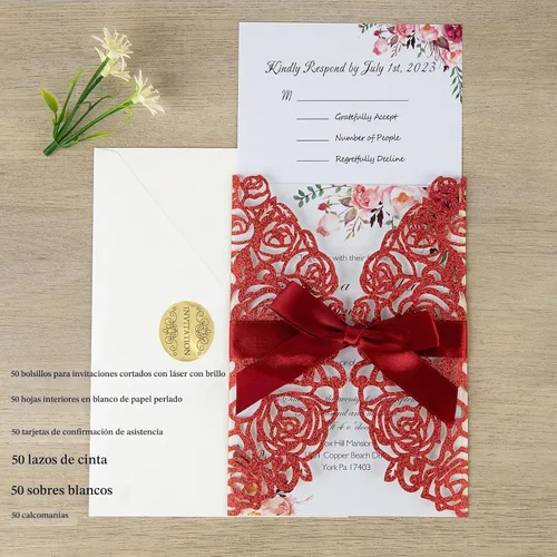 Vista 4 de AdasBridal 50 tarjetas de invitaciones de boda burdeos con sobres de 5 x 7 pulgadas, en blanco, 250 GSM, insertos de papel de pera con purpurina