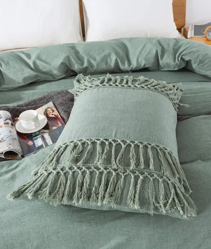 Vista 4 de Softta Juego de funda de edredón de 3 piezas de tamaño individual bohemio con borlas, color verde salvia, 100% algodón lavado con flecos, cierre