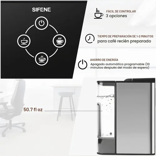 Vista 4 de Cafetera 3 en 1 de una sola porción, cápsula, cafetera molida y tetera, cafetera compacta de preparación rápida con pantalla táctil y depósito