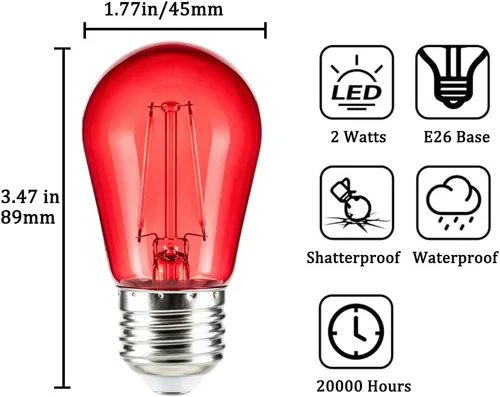 Vista 2 de Bombilla LED S14 de repuesto de 2 W, bombillas de repuesto para luces LED, inastillables, impermeables, decorativas, E26, filamento rojo, bombillas