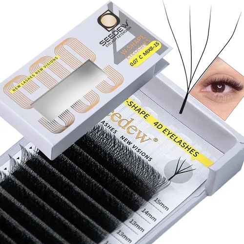 Vista 62 de Extensiones de pestañas 3D, rizo LU/M de 0.003 in, MIX8-0.591 in, 12 filas por bandeja, tallo plano en forma de W, injerto de pestañas natural PBT