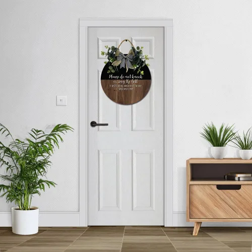 Vista 2 de Letrero para puerta delantera, coronas divertidas, decoración de placa de madera para colgar, decoración redonda de madera rústica, decoración