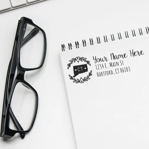 Vista 8 de State of Alabama Wreath Duo Hand Address Stamp - Personalized Rubber Stamp Montaje manual Duo