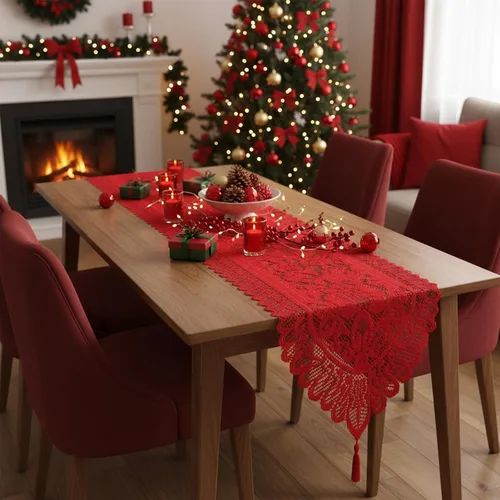Vista 3 de mookaitedecor Camino de mesa de encaje rojo para decoración de café de fiesta de Navidad
