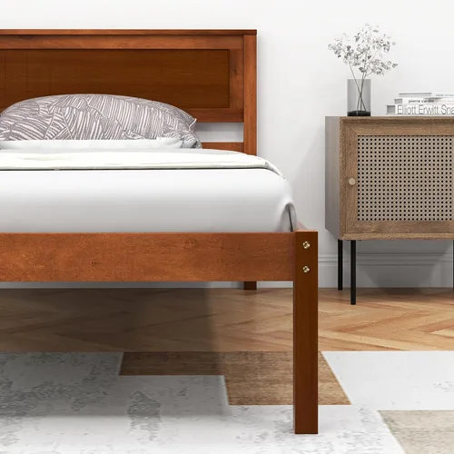 Vista 8 de Giantex Base de cama individual con cabecero, cama de plataforma de madera maciza con soporte de listones de madera, cama individual