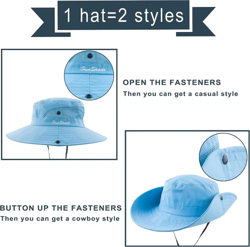 Vista 7 de Sombrero de cola de caballo para mujer, protección UV, ala ancha, plegable, para verano, playa, pesca, sombreros