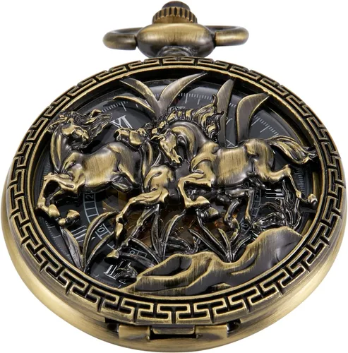 Vista 10 de Bronze Retro Mechanical Pocket Watch Skeleton Roman Numerals Hollow Mechanical Pocket Watches with Box M100